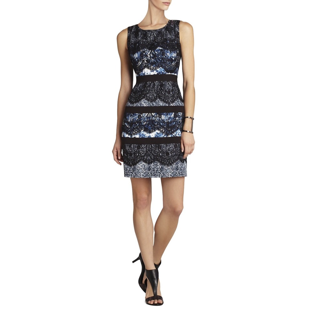BCBGMAXAZRIA Makenna Sleeveless Lace Snakeskin Print Sheath Dress Blue 8P